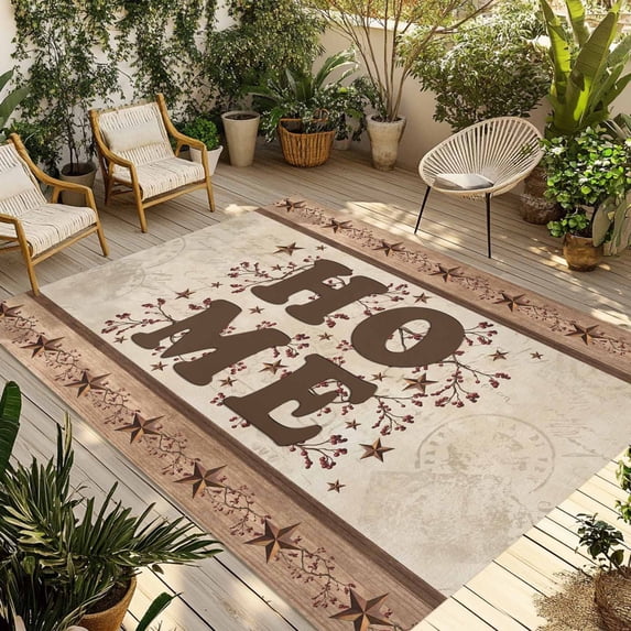 Country Outdoor Rug for Patio/Deck/Porch, Non-Slip Large Area Rug 3 x 5 Ft, Texas Star Plants Branches Berry Farmhouse Retro Indoor Outdoor Rugs Washable Area Rugs, Camping Rug Carpet Runner
