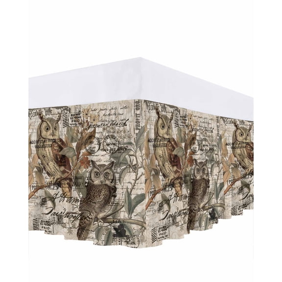 Country Owl Bed Skirt Cal King Size, Rustic Sping Floral Botanical Postmark Wrap Around Bed Skirting with Adjustable Elastic Strap, Dust Ruffled Pleated Bedskirts 18 Inch Drop for Bedroom Beds