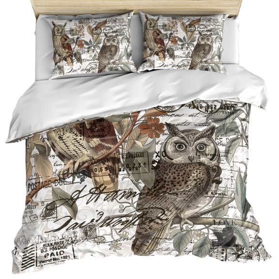 Country Owl Duvet Cover Full Size, Farmhouse Sping Floral Botanical Postmark Comforter Cover with Zipper Closure, 3 Piece Bedding Sets 1 Duvet Cover 86x90 Inches and 2 Pillow Shams
