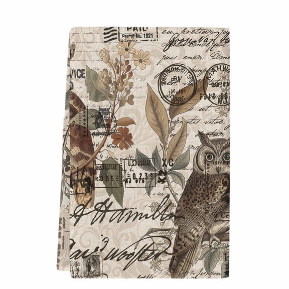 Country Owl Kitchen Towels Set of 1, Absorbent Microfiber Dish Tea Towels with Hanging Loop, Rustic Sping Floral Botanical Postmark Resuable Hand Towel for Home Kitchen Cooking Cleaning 18"x28"