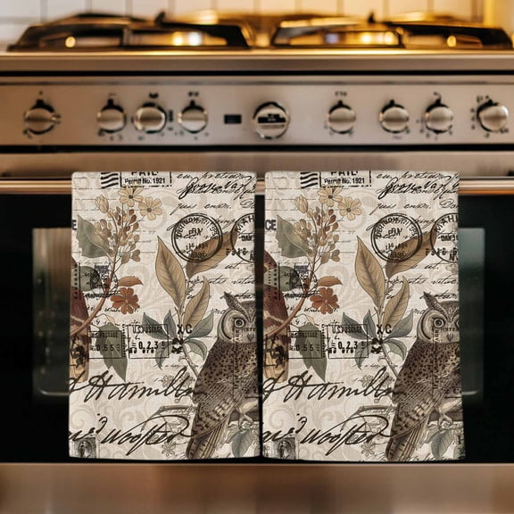 Country Owl Kitchen Towels Set of 1, Rustic Sping Floral Botanical Postmark Absorbent Dish Towels for Kitchen, Microfiber Hand Towel, Quick Drying Tea Towel for Cleaning Decorative Dishcloths