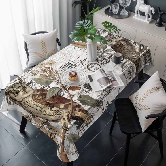 Country Owl Table Cloth Waterproof Tablecloths, Farmhouse Sping Floral Botanical Postmark Tablecloth Dining Table Cover for Kitchen Party Tabletop Outdoor, Rectangle Tablecloth 60x120 Inch