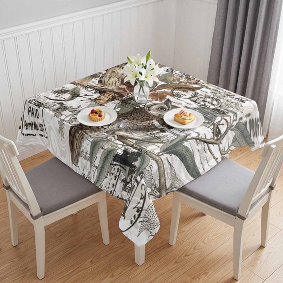 Country Owl Table Cloth Waterproof Tablecloths, Farmhouse Sping Floral Botanical Postmark Tablecloth Dining Table Cover for Kitchen Party Tabletop Outdoor, Square Tablecloth 54x54 Inch