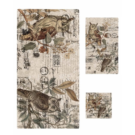 Country Owl Towel Set of 3, Soft Microfiber Bath Towels, Hand Towel, Washcloths, Rustic Sping Floral Botanical Postmark Quick-Dry Absorbent Towels for Bathroom Kitchen Hotel Beach Gym Spa