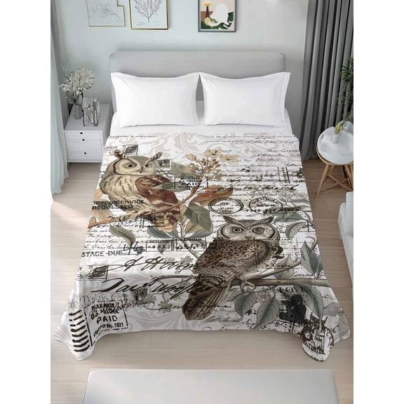 Country Owl Twim Size Flat Sheet, Wrinkleproof & Fadeproof Cooling Flat Bed Sheet Only, Farmhouse Sping Floral Botanical Postmark Breathable Soft Bedding Top Sheets 66 x 96 Inches