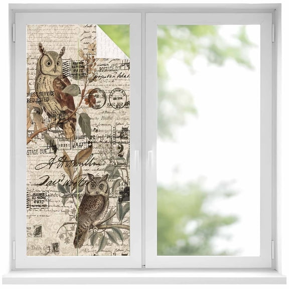 Country Owl Window Privacy Film, Rustic Sping Floral Botanical Postmark Static Cling UV Sun Blocking Heat Control Window Tint Day and Night, Non-Adhesive One Way Windows Privacy Cover 19.6''x39.3''