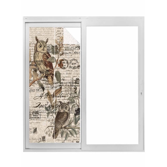 Country Owl Window Privacy Film, Rustic Sping Floral Botanical Postmark ...