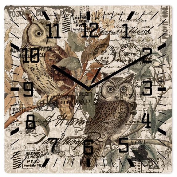 Country Owl Wooden Wall Clock Silent Non Ticking, Rustic Sping Floral Botanical Postmark Square Wall Clocks Battery Operated, Decor Clock for Home Office, Living Room, Kitchen, 12 Inch