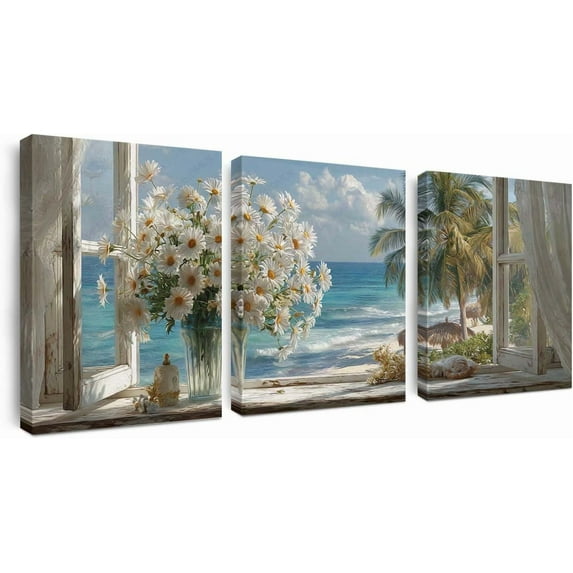 Country Paintings Canvas Art,Coastal Path Canvas Art with Colorful Wildflowers and ASPENsssTrees Ideal for Home Decor Gift for Nature Lovers（Only canvas）