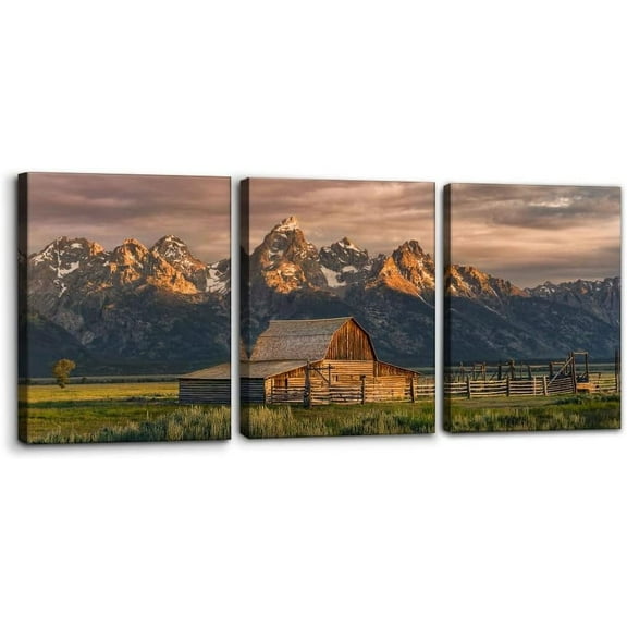 Country Paintings for Wall Grand Canyon Picture Art Nature Landscape Artwork 3 Pieces Log Cabin Modern Wall Art Giclee Home Decorations for Living Room Framed Ready to Hang - 12" x 16" x 3