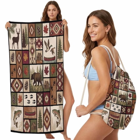 Country Patch Plaid 2-in-1 Beach Towel Backpack,Quick Dry Beach Towel Blanket Bag,Brown Farmhouse Retro Bear Deer Cabin Portable Bath Pool Yoga Swim Picnic Travel Camping Towels 31.5x63 Inches