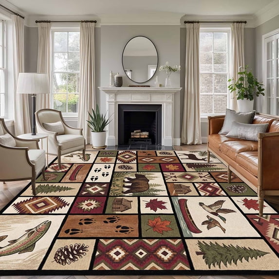 Country Patch Plaid Area Rugs 6'x9', Washable Small Throw Rugs for Kitchen Dining room, Brown Farmhouse Retro Bear Deer Cabin Indoor Outdoor Rug Non-Slip Low Pile Carpet Runner Reversible Floor Mats