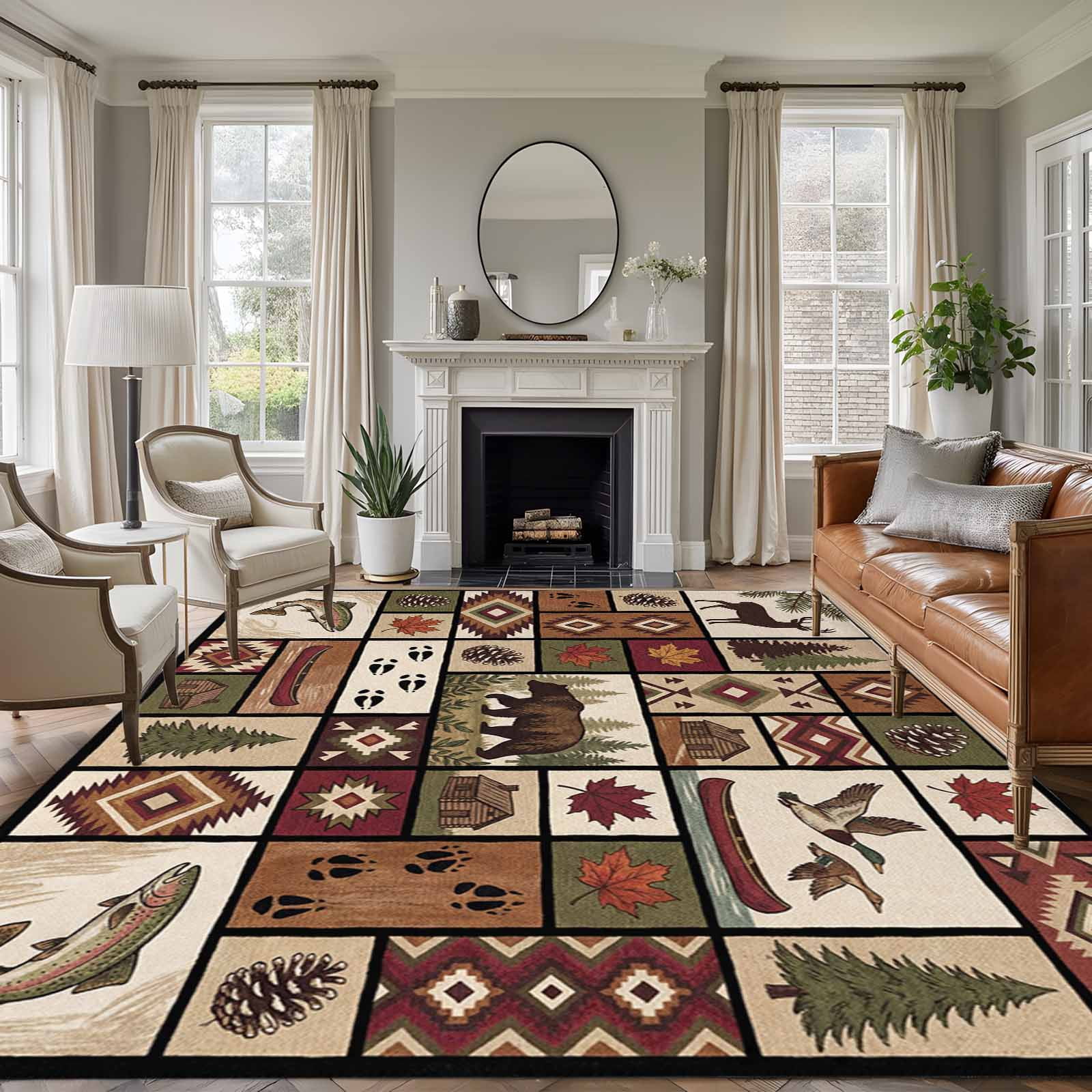 Country Patch Plaid Area Rugs 8'x10', Washable Small Throw Rugs for Living Room Patio, Brown Farmhouse Retro Bear Deer Cabin Indoor Outdoor Rug Non-Slip Low Pile Carpet Runner Reversible Floor Mats