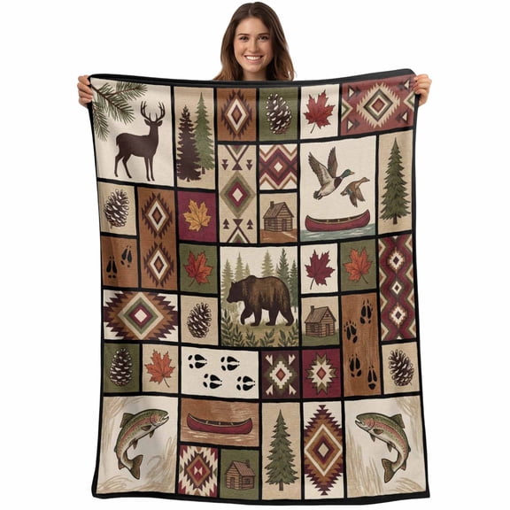 Country Patch Plaid Blanket Soft Cozy Warm Throw Blanket for Couch, Plush Fuzzy Flannel Fleece Blankets for Sofa, Brown Farmhouse Retro Bear Deer Cabin Bed Blankets Lightweight Gifts for Men, 30"x40"