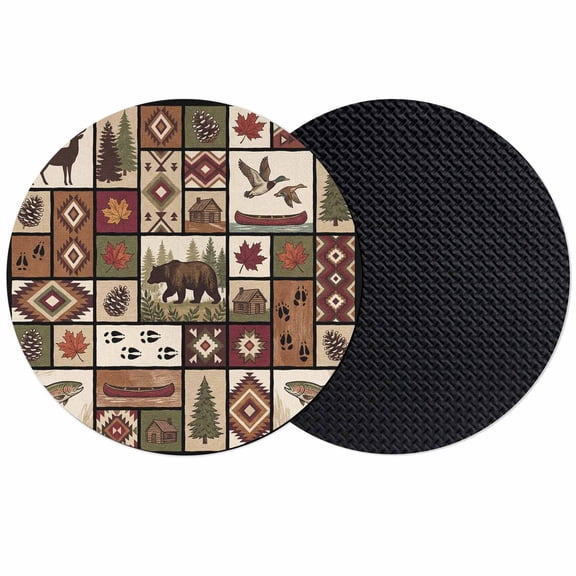 Country Patch Plaid Coasters Set of 2, Absorbent Coasters for Drinks, Brown Farmhouse Retro Bear Deer Cabin Coaster for Desk Coffee Table Protection, Home Decor House Warming Gifts 4"