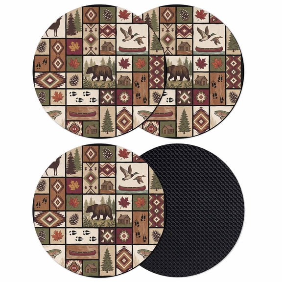 Country Patch Plaid Coasters Set of 4, Absorbent Coasters for Drinks, Brown Farmhouse Retro Bear Deer Cabin Coaster for Desk Coffee Table Protection, Home Decor House Warming Gifts 4"