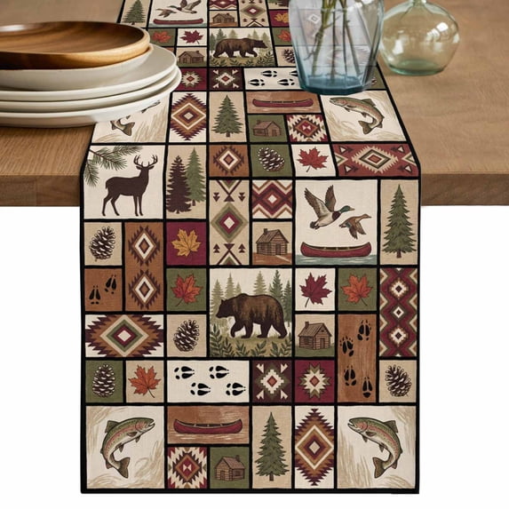 Country Patch Plaid Cotton Linen Table Runner for Dining Kitchen, Brown Farmhouse Retro Bear Deer Cabin Wedding Outdoor Party Tablerunners, Dresser Scarf Coffee Tablecloth Runners 13x120 Inches