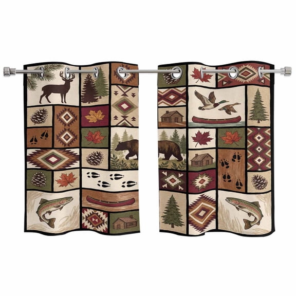 Country Patch Plaid Kitchen Curtains Window Panels, Brown Farmhouse Retro Bear Deer Cabin Insulated Window Treatment Curtain, Grommet Curtains for Bedroom/Living Room/Bathroom, 2 Piece 27.5"Wx39"L
