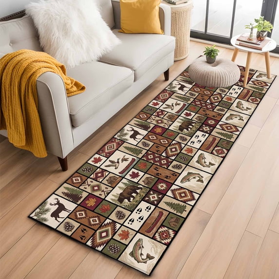 Country Patch Plaid Kitchen Runner Rug 2x6 Washable Runners for Hallway Non Slip Brown Farmhouse Retro Bear Deer Cabin Large Area Rug Indoor Floor Carpet for Bathroom Laundry Entryway Bedroom