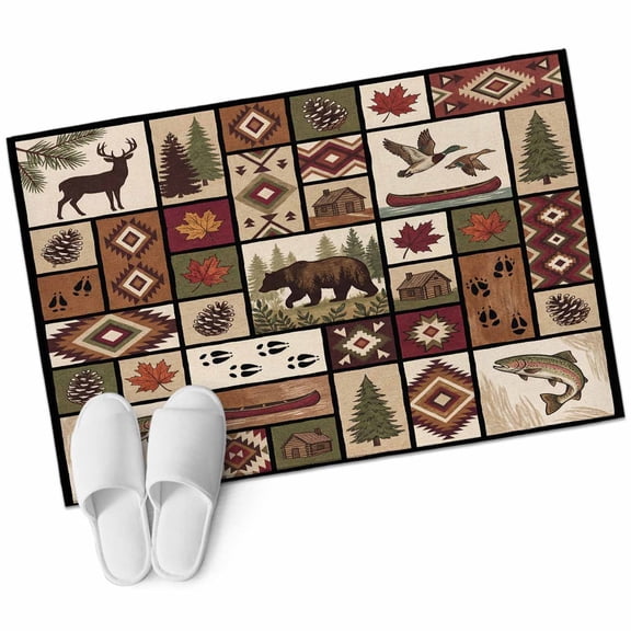 Country Patch Plaid Large Area Rugs for Bedroom Living Room, Soft Non Slip Carpet Bedside Rug, Brown Farmhouse Retro Bear Deer Cabin Rectangular Floor Cover Kitchen Accent Rug 2'x3' for Office