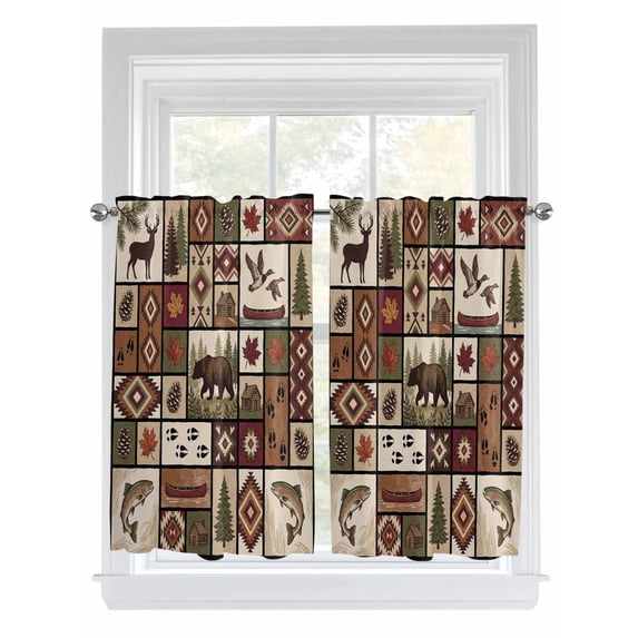 Country Patch Plaid Living Room Curtains 2 Panel, Brown Farmhouse Retro Bear Deer Cabin Cafe Window Treatment, Farmhouse Bedroom Bathroom Kitchen Curtains Drapes 104"x45"