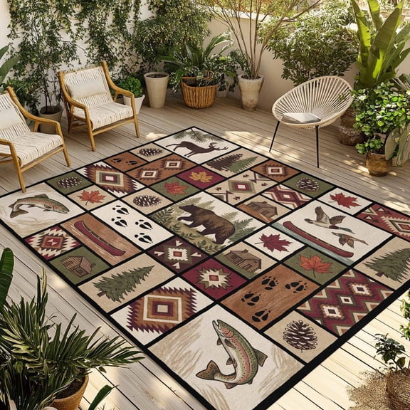 Country Patch Plaid Outdoor Rug for Patio/Deck/Porch, Non-Slip Large Area Rug 3 x 5 Ft, Brown Farmhouse Retro Bear Deer Cabin Indoor Outdoor Rugs Washable Area Rugs, Camping Rug Carpet Runner