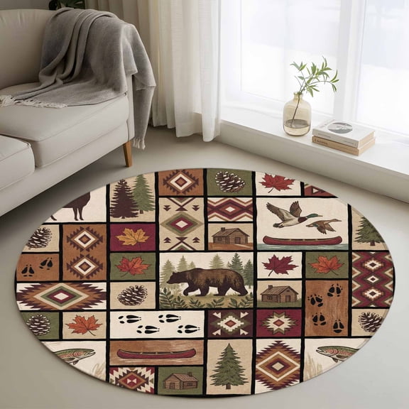 Country Patch Plaid Round Area Rug 3Ft Washable Small Circle Rugs for Kitchen Entryway, Brown Farmhouse Retro Bear Deer Cabin Non-Slip Carpet Floor Mats Indoor Outdoor Carpet Runner Home Decor