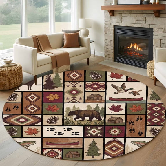 Country Patch Plaid Round Area Rug 8Ft Washable Large Circle Rugs for Living Room Dorm, Brown Farmhouse Retro Bear Deer Cabin Non-Slip Carpet Floor Mats Indoor Outdoor Carpet Runner Home Decor