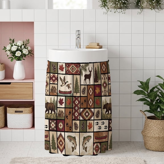 Country Patch Plaid Small Sink Skirt 10''x11'', Brown Farmhouse Retro Bear Deer Cabin Bathroom Vanity Utility Cabinet Curtain, Kitchen Under Sink Laundry Privacy Drape Waterproof Closet Curtains