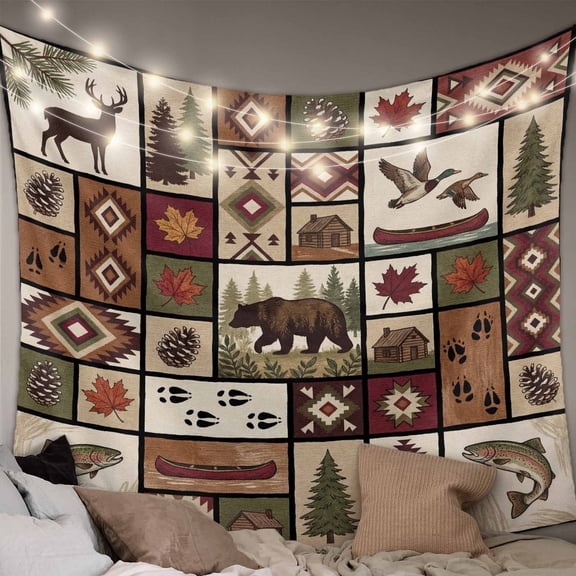 Country Patch Plaid Small Tapestry for Bedroom Wall Hanging Tapestry,Brown Farmhouse Retro Bear Deer Cabin Ceiling Backdrop Tapestries Poster Blanket Wall Decor for Teens Room Living Room 23" x 28"
