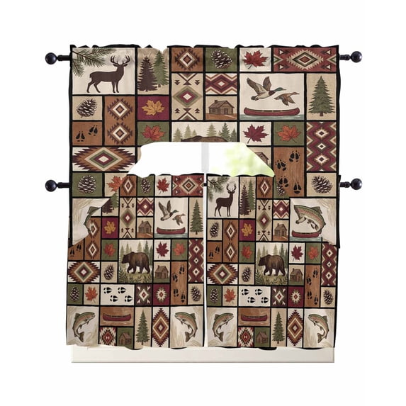 Country Patch Plaid Swag Curtains for Living Room/Bedroom Windows, Brown Farmhouse Retro Bear Deer Cabin Kitchen Curtains and Valances Set 36 Inch Length, Light Filtering Swags Valance Curtain Panels