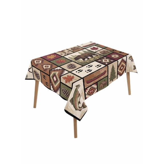 Country Patch Plaid Table Cloth, Waterproof Tablecloth for Rectangle Tables, Brown Farmhouse Retro Bear Deer Cabin Reusable Washable Fabric Table Cover for Restaurant Kitchen Dining Tables 60"x84"