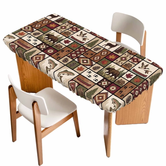 Country Patch Plaid Table Cloths for 3 Foot Rectangle Tables, Brown Farmhouse Retro Bear Deer Cabin Patio Waterproof Elastic Fitted Tablecloths, Washable Rectangular Table Cover for Camping