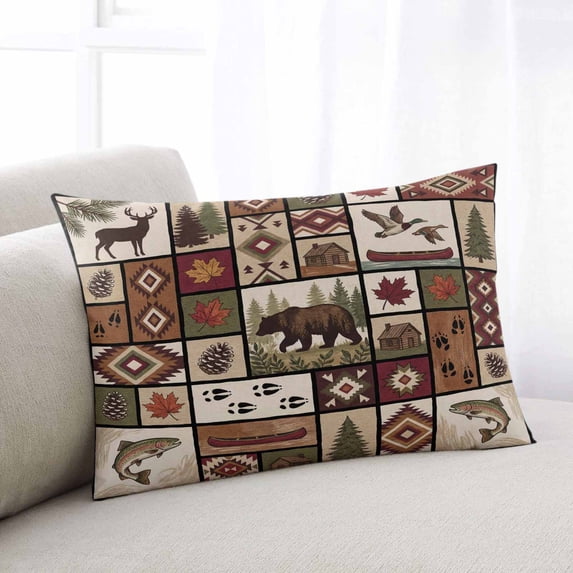 Country Patch Plaid Throw Pillow Covers, Brown Farmhouse Retro Bear Deer Cabin Soft Breathable Pillow Cases with Invisible Zipper for Sleeping, Small Pillowcases for Couch Bed Sofa Chair 16x24 Inches