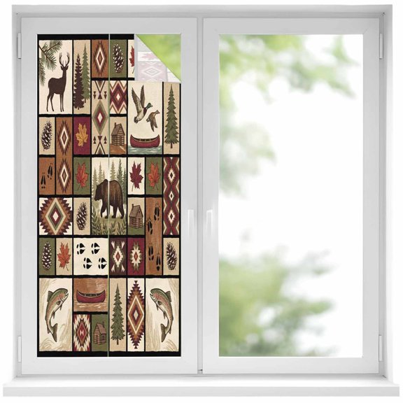 Country Patch Plaid Window Privacy Film, Brown Farmhouse Retro Bear Deer Cabin Static Cling UV Sun Blocking Heat Control Window Tint Day and Night, Non-Adhesive One Way Privacy Cover 19.6''x39.3''