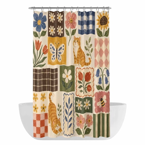 Country Pathwork Shower Curtain - Water Repellent Fabric Shower Curtains Washable, Farmhouse Vintage Cat Flowers Plaid Decorative Polyester Cloth Bathroom Curtains Modern Bath Decor 36"x72"