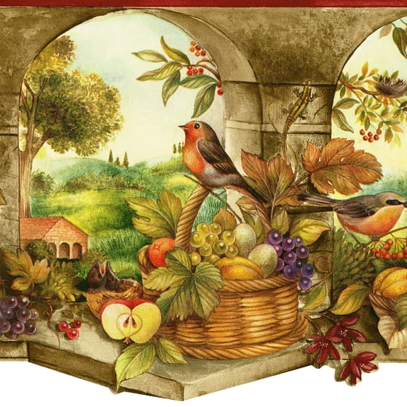 Country Pattern Wallpaper Border Fruit Baskets Birds Leaves Die Cut 15 Ft Brown Green Red KS76858DLL