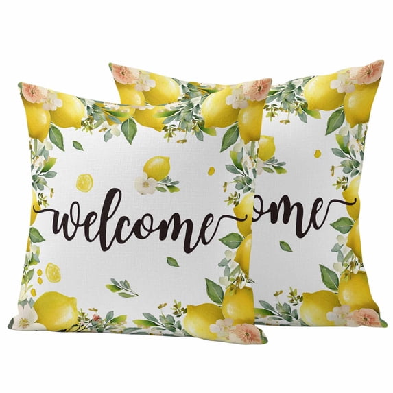 Country Pillow Covers 2 Pack Welcome Yellow Lemon Farm White Background Pillowcase Waterproof Outdoor Throw Pillow Cover for Patio Garden Square Cushion 26”x26”