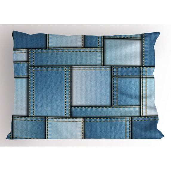 Country Pillow Sham Patchwork of Different Size Denim Seem Fabric Pattern with Vertical Warp Beam Artprint, Decorative Standard King Size Printed Pillowcase, 36 X 20 Inches, Blue, by Ambesonne