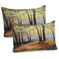 thumbnail image 1 of Country Pillow Sham Set of 2, Image of Spring Landscape in Forest with Falling Leaf and Various Trees Mod Print, Quality Microfiber Bedding Item for All Seasons, 26" x 20", Brown Green, by Ambesonne, 1 of 3
