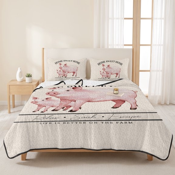 Country Pink Pig Farmhouse Theme 3 Pieces Quilt Set,1 Quilt with 2 Shams,Sweet Home Farm Text Animals Bedspread Soft Lightweight Bedding Coverlet Comforter Set for All Season 96"x106"
