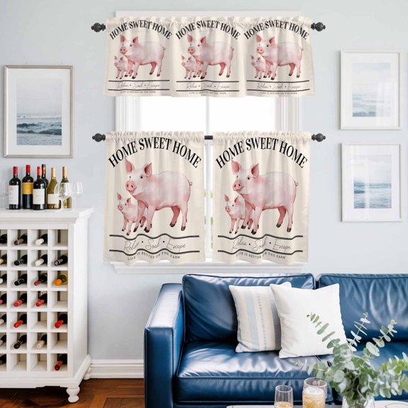 Country Pink Pig Farmhouse Theme Curtain Tier and Valance Set 3 Piece, Sweet Home Farm Text Animals 3-inch Rod Pocket Window Tier Curtains Valance for Kitchen Living Room