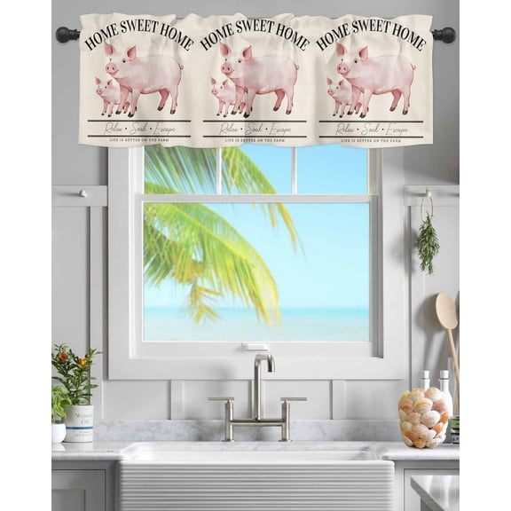 Country Pink Pig Farmhouse Theme Curtain Valances for Kitchen Windows,Rod Pocket Short Valance Sweet Home Farm Text Animals Small Window Treatment for Living Room Bathroom Bedroom,54"x18"-1 Panel