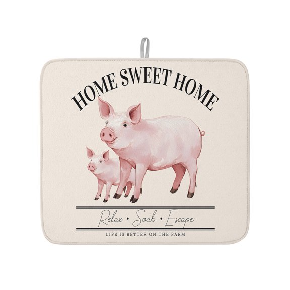 Country Pink Pig Farmhouse Theme Dish Drying Mats for Kitchen Counter,Absorbent Microfiber Dish Drainer Rack Mat Sweet Home Farm Text Animals Drying Pad for Sinks,Utensils,Countertops,16x18in