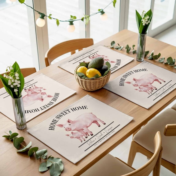 Country Pink Pig Farmhouse Theme Placemats Set of 4,Wipeable Washable Table Mats for Dining Tables, Sweet Home Farm Text Animals Place Mats for Kitchen Event Party Tabletop Decor
