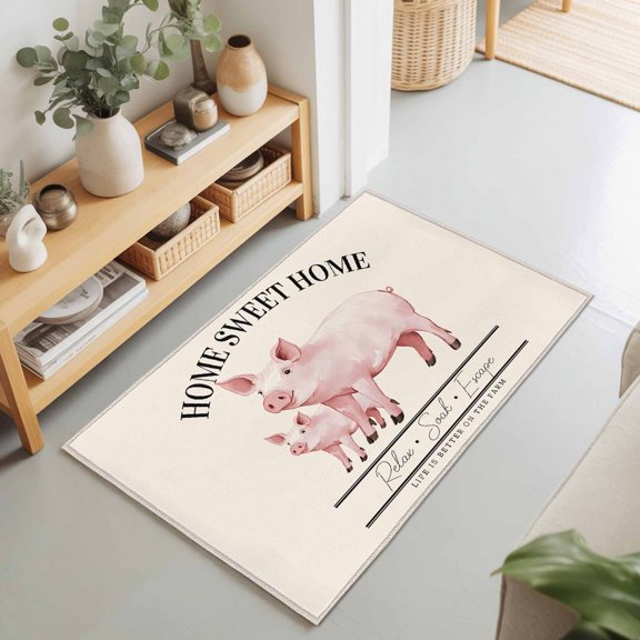 Country Pink Pig Farmhouse Theme Rectangle Area Rug 2x3ft,Living Room Rug Non-Slip Washable Circle Rugs Pad,Sweet Home Farm Text Animals Soft Floor Carpet for Bedroom Dining Room