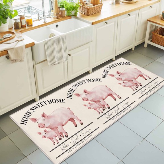 Country Pink Pig Farmhouse Theme Rectangle Rug 2'x6' Sweet Home Farm Text Animals Washable Area Rugs for Living Room Bedroom Entryway Non Slip Entrance Door Mat Indoor Floor Carpet