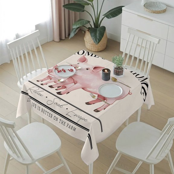 Country Pink Pig Farmhouse Theme Table Cloth 54x54in, Waterproof Square Tablecloth Wipeable Tablecloths Sweet Home Farm Text Animals Table Covers for Dining Tables Party Indoor Outdoor