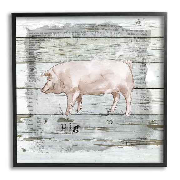Country Pink Pig over Book Collage Rustic Pattern Animals & Insects Framed Art Print Wall Art, 17x17