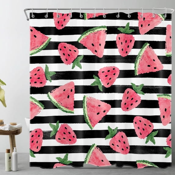 Country Pink Strawberry Shower Curtain for Bathroom, Summer Tropical Cool Fruit Watermelon Fabric Shower Curtain with Hooks,Black and White Striped Bathroom Curtain Shower Set, 72" W x 84" L